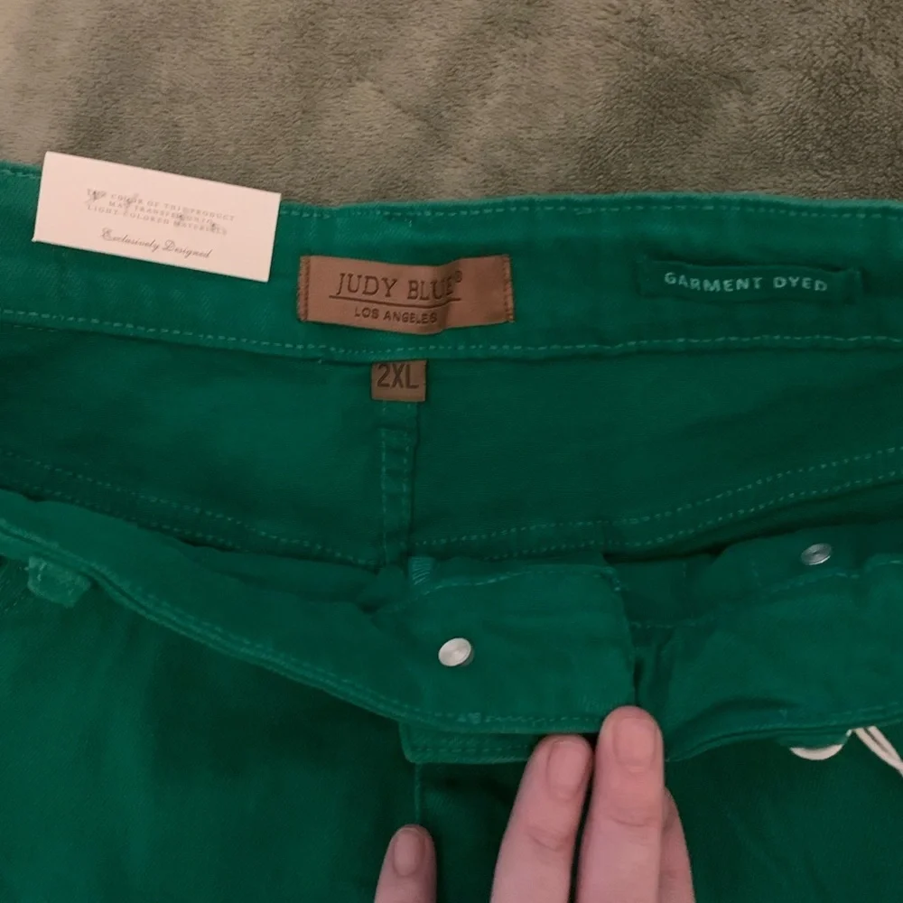Judy Blue Green Jean Shorts with High-Waisted Cuffed Hem - Picture 2 of 3